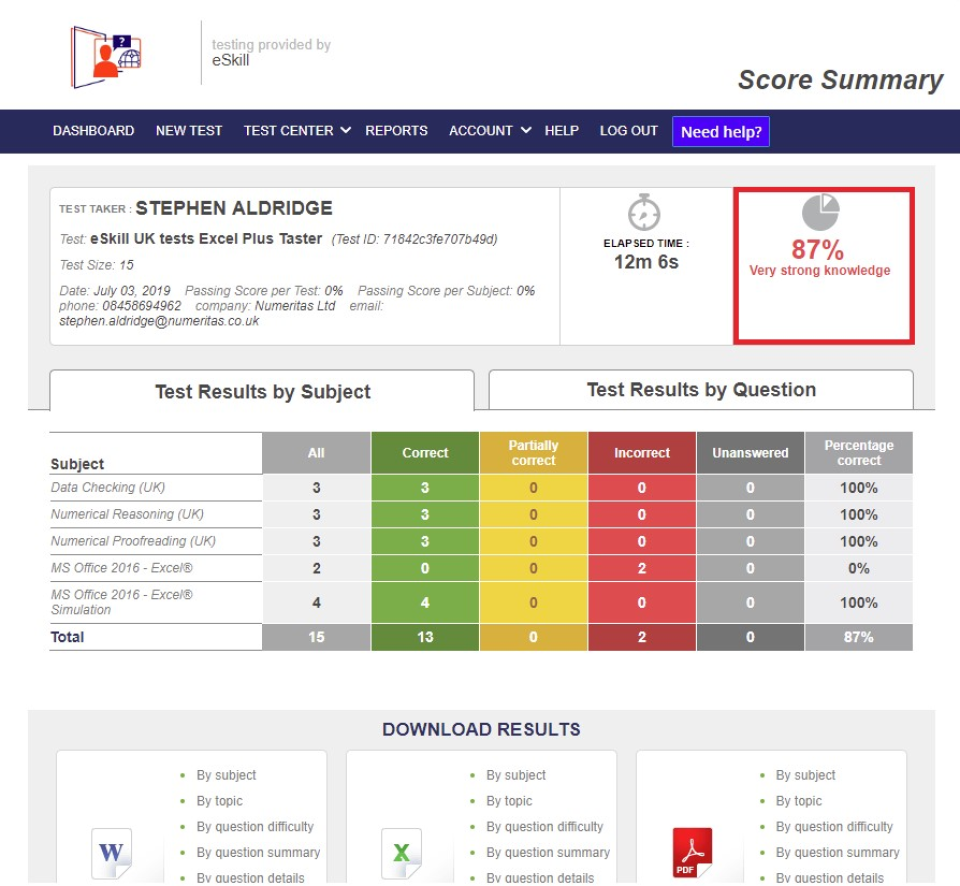 screenshot of eSkill UK Tests